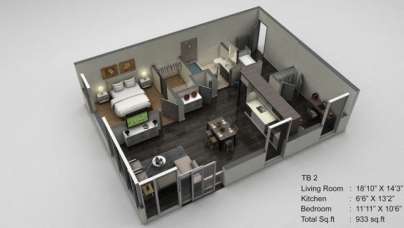 Floor plan for 1 bed, 1 bath, 933 sqft
